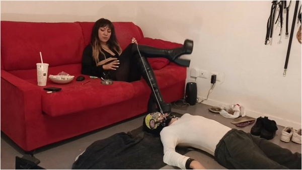 Goddess Sandra Domina - Ignored footstool with new boots and dangling while smoking SECOND POV
