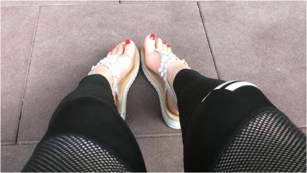 The Goldy Rush - Sandals Teasing Outdoor With Red Toenails and Toes Wiggling - Mistress Misha Goldy - Russianbeauty