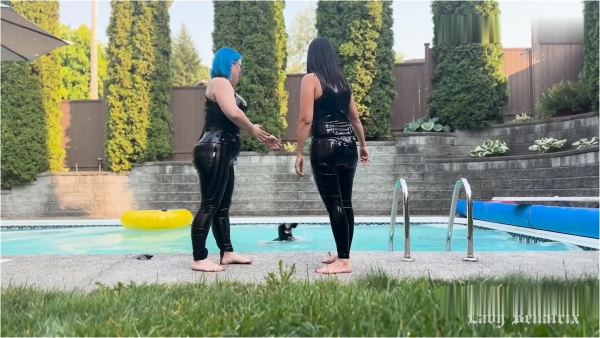 Lady Bellatrix and Ms Sinstress - Duo Domme Poolside Ballbusting