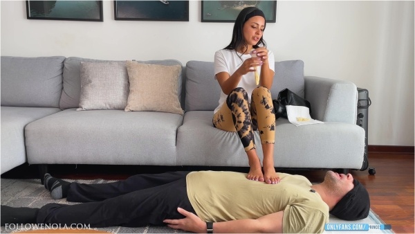 Mistress Enola Fetish - Foot Gagging Treat - Cuck Cleans Two Condoms and Alpha's Mess Off Toes